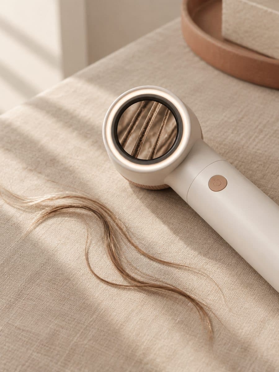 Dermatoscópio com anel de luz sobre fios de cabelo, ampliação do couro cabeludo