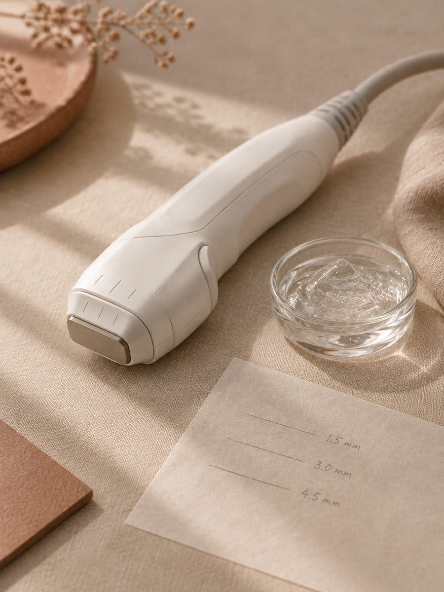 Transdutor de ultrassom microfocado sobre linho, gel e papel com marcações de profundidade
